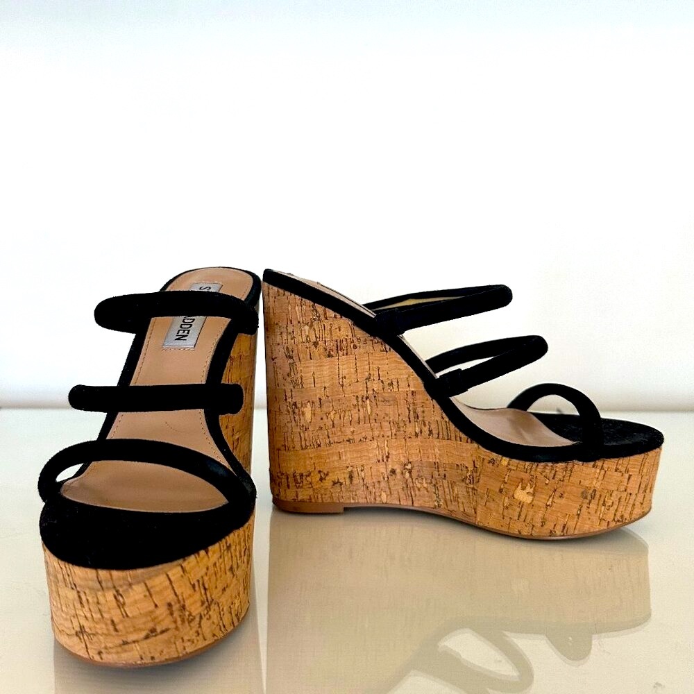 Steve Madden Black Wedge Platform High Heels Strappy Sandals Slip On size 6